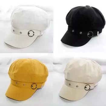 Осенне-зимняя женская бейсболка, новые женские кепки, винтажная восьмиугольная кепка, берет, черно-белые повседневные кепки с металлической пряжкой, хит продаж белый