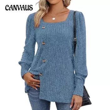 Осенне-зимняя женская блузка из трикотажа с пряжкой, однотонные топы с квадратным вырезом и длинными рукавами S серый