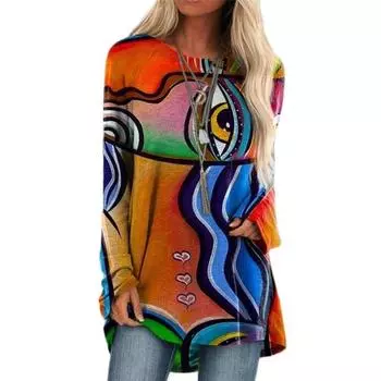 Осенне-зимняя женская блузка, модная, свободная, повседневная, с круглым вырезом, с цветочным принтом, с длинным рукавом, женские пуловеры S