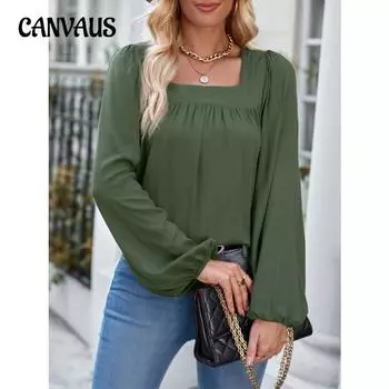 Осенне-зимняя женская блузка, модные однотонные тонкие топы с квадратным вырезом и длинными рукавами S чёрный