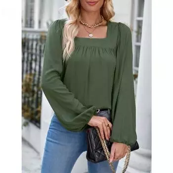 Осенне-зимняя женская блузка, модные однотонные тонкие топы с квадратным вырезом и длинными рукавами S чёрный