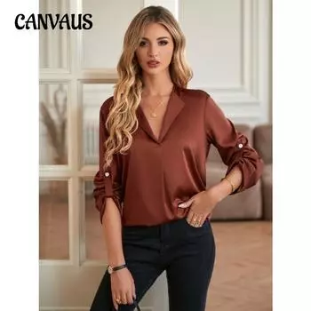 Осенне-зимняя женская блузка, модные повседневные однотонные свободные топы с длинными рукавами и v-образным вырезом S абрикосовый