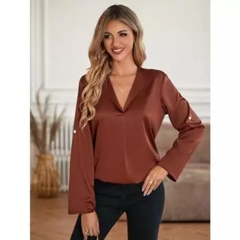 Осенне-зимняя женская блузка, модные повседневные однотонные свободные топы с длинными рукавами и v-образным вырезом S абрикосовый