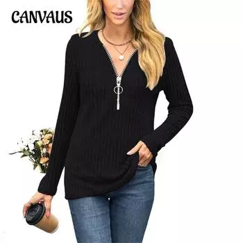 Осенне-зимняя женская блузка на молнии на груди, повседневный топ с v-образным вырезом и длинными рукавами S армия зеленый