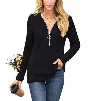 Осенне-зимняя женская блузка на молнии на груди, повседневный топ с v-образным вырезом и длинными рукавами S армия зеленый