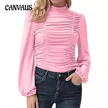Осенне-зимняя женская блузка, нижняя рубашка, теплая однотонная плиссированная блузка с рукавами-фонариками и круглым вырезом, тонкая блузка с длинными рукавами S розовый
