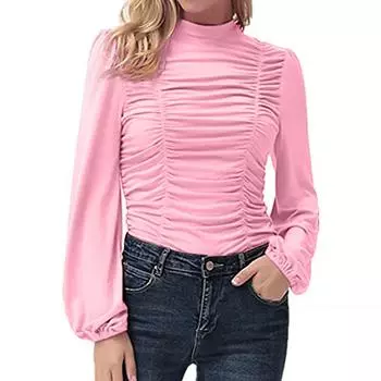 Осенне-зимняя женская блузка, нижняя рубашка, теплая однотонная плиссированная блузка с рукавами-фонариками и круглым вырезом, тонкая блузка с длинными рукавами S розовый