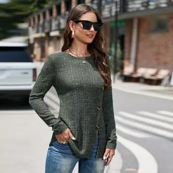 Осенне-зимняя женская блузка, однотонная, с круглым вырезом, в полоску, с прорезями, модные топы на пуговицах с длинными рукавами S верблюд