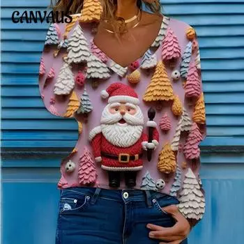 Осенне-зимняя женская блузка-пуловер с рождественским принтом, V-образным вырезом и длинными рукавами S