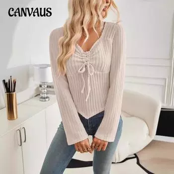 Осенне-зимняя женская блузка с длинным рукавом и завязками, короткий топ в полоску S чёрный