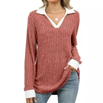 Осенне-зимняя женская блузка с контрастными цветами, свободный топ с длинными рукавами и лацканами S розовый