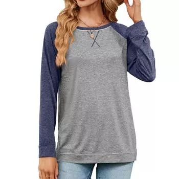 Осенне-зимняя женская блузка с круглым вырезом и цветными блоками, свободные повседневные топы с длинными рукавами и крестиком S чёрный