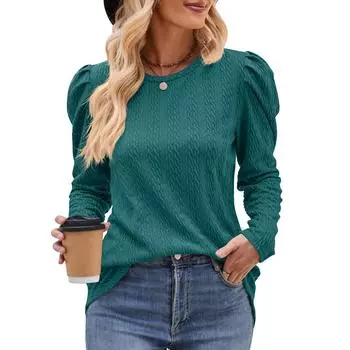 Осенне-зимняя женская блузка с круглым вырезом и объемными рукавами, вязаный жаккардовый однотонный топ с длинными рукавами S абрикосовый