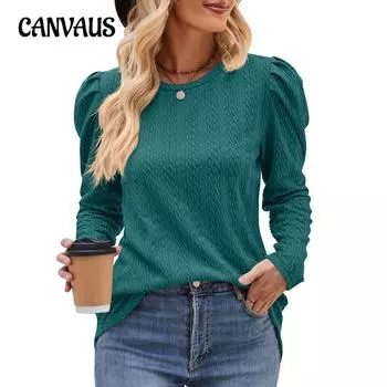 Осенне-зимняя женская блузка с круглым вырезом и объемными рукавами, вязаный жаккардовый однотонный топ с длинными рукавами S абрикосовый