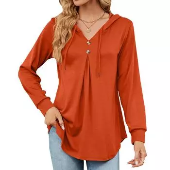 Осенне-зимняя женская блузка с v-образным вырезом, однотонная свободная футболка с длинными рукавами и пуговицами на шнурке S чёрный