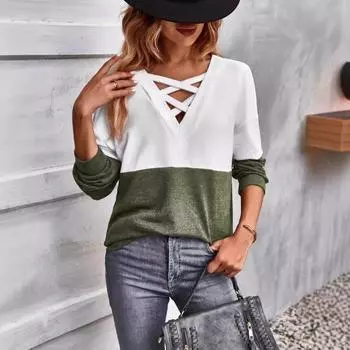 Осенне-зимняя женская блузка с V-образным вырезом, перекрестными цветными вставками, спущенными плечами, повседневным топом S зелёный/белый