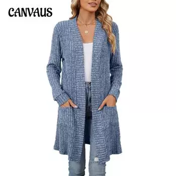 Осенне-зимняя женская длинная однотонная куртка-кардиган с длинными рукавами и свободными карманами S светло-серый