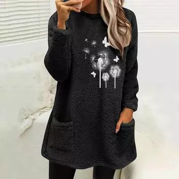 Осенне-зимняя женская длинная толстовка с капюшоном, с круглым вырезом, с длинным рукавом, с карманом, с тиснением в виде одуванчика, двусторонняя бархатная толстовка для женщин S чёрный