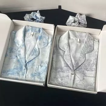 Осенне-зимняя женская домашняя одежда из шелка с отворотами и пуговицами, кардиган из 2 предметов, комплект одежды для женщин и пожилых людей, пижама с принтом M