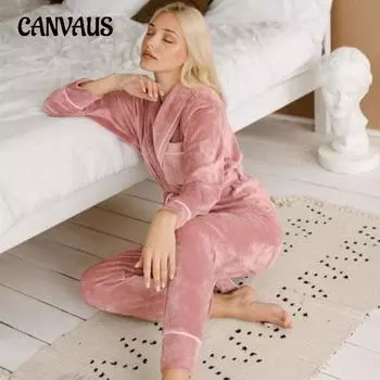 Осенне-зимняя женская домашняя одежда, ночная рубашка с длинным рукавом, канареечный бархатный комплект, кардиган, толстый теплый пижамный костюм S красный