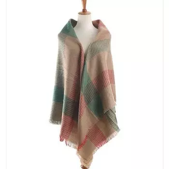 Осенне-зимняя женская двухцветная шаль в поперечную полоску, клетчатая разноцветная шаль, студенческий шарф, искусственный кашемир с бахромой двойного назначения разноцветный
