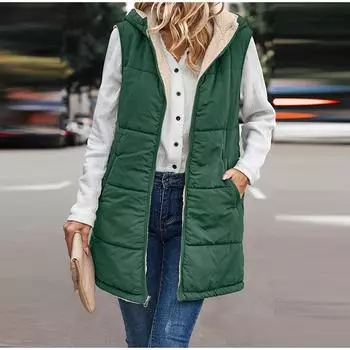 Осенне-зимняя женская двусторонняя куртка без рукавов с карманами на молнии, длинная теплая верхняя одежда с капюшоном S серый