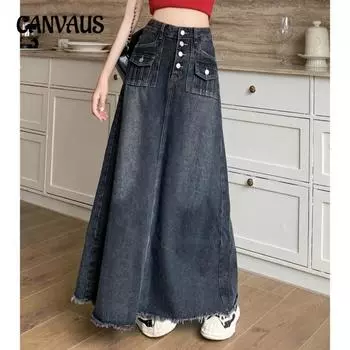 Осенне-зимняя женская джинсовая юбка больших размеров, юбка средней длины с пряжкой и необработанным краем, юбка А-силуэта S синий