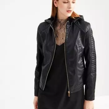 Осенне-зимняя женская флисовая кожаная куртка больших размеров, короткая повседневная куртка из бархатной кожи с капюшоном, толстое флокированное кожаное пальто S чёрный
