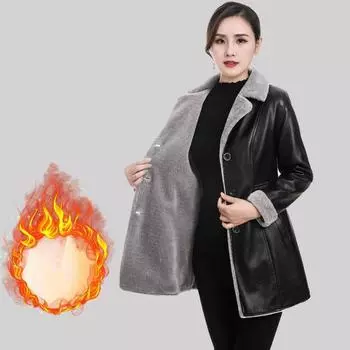 Осенне-зимняя женская флисовая кожаная куртка больших размеров, байкерская куртка, толстое флокированное кожаное пальто, облегающая кожаная куртка длины миди XL чёрный