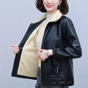 Осенне-зимняя женская флисовая кожаная куртка плюс бархатная кожаная байкерская куртка толстое флокированное кожаное пальто M чёрный