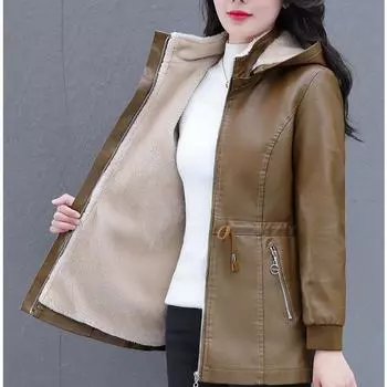 Осенне-зимняя женская флисовая кожаная куртка Slim Plus Velvet Leather Hooded Jacket Thick Flocked Leather Coat M коричневый