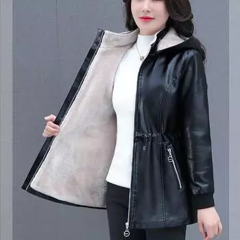 Осенне-зимняя женская флисовая кожаная куртка Slim Plus Velvet Leather Hooded Jacket Thick Flocked Leather Coat M коричневый