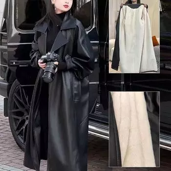 Осенне-зимняя женская флисовая куртка, длинное толстое теплое кожаное пальто, свободное мягкое пальто из искусственной кожи, флокированное кожаное пальто S чёрный