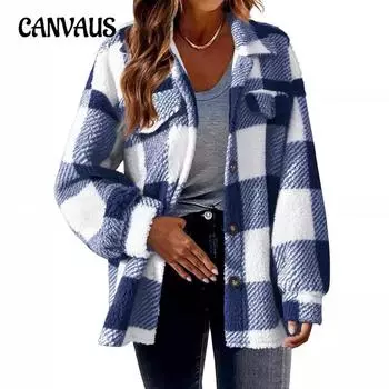 Осенне-зимняя женская флисовая куртка с карманами в клетку, плюшевое пальто на пуговицах S серый