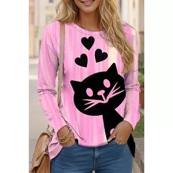 Осенне-зимняя женская футболка с длинным рукавом и принтом в виде милого котенка в полоску с 3D-принтом, женская уличная одежда с круглым вырезом и длинным рукавом S