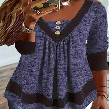 Осенне-зимняя женская футболка с длинным рукавом на пуговицах с принтом, сращиванием, V-образным вырезом, усадочная складка, большой размер, женская одежда XL синий