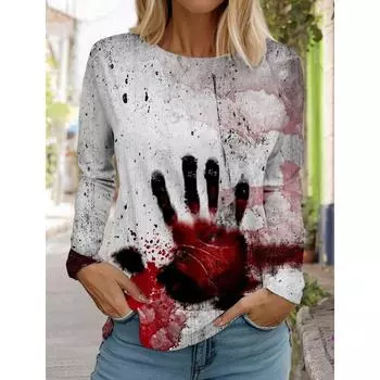 Осенне-зимняя женская футболка с длинным рукавом с 3D-принтом на тему Хэллоуина и принтом крови вручную, женская уличная одежда с круглым вырезом и длинным рукавом 100