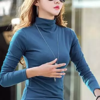 Осенне-зимняя женская футболка с длинными рукавами и полуводолазкой в стиле знаменитостей из Интернета, теплая базовая рубашка в корейском стиле, облегающая, эластичная S чёрный