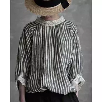 Осенне-зимняя женская футболка с круглым вырезом, кружевным плетеным плиссированным полосатым топом, модная футболка S