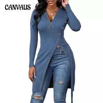 Осенне-зимняя женская футболка с V-образным вырезом и длинным рукавом, высоким разрезом и прорезной молнией