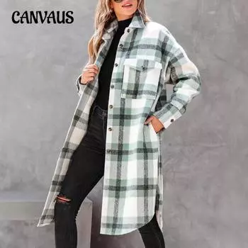 Осенне-зимняя женская клетчатая фланелевая твидовая рубашка с пуговицами, длинная куртка S зелёный