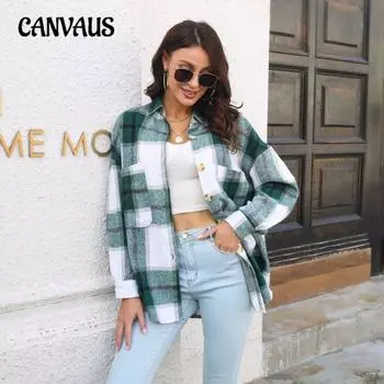 Осенне-зимняя женская клетчатая куртка с длинными рукавами и средней длиной, твидовая рубашка S синий