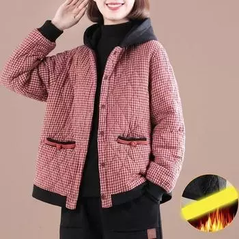 Осенне-зимняя женская клетчатая куртка с капюшоном, теплая куртка-парка, ретро-топ с капюшоном в клетку XXXXXL чёрный