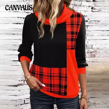 Осенне-зимняя женская клетчатая принтованная толстовка больших размеров с высоким воротом и длинными рукавами S красный