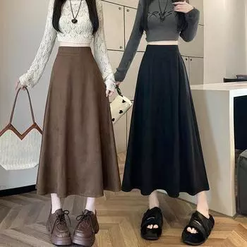Осенне-зимняя женская корейская версия эластичной талии с высокой талией, закрывающей промежность выше колена, средней длины, юбка из оленьей кожи с флисом XS кофейный