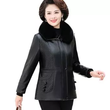 Осенне-зимняя женская кожаная куртка свободного покроя, флисовая куртка из толстой флокированной кожи с меховым воротником XL чёрный