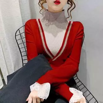 Осенне-зимняя женская кружевная блузка с высоким воротником, нижняя рубашка и свитер в иностранном стиле XXXL