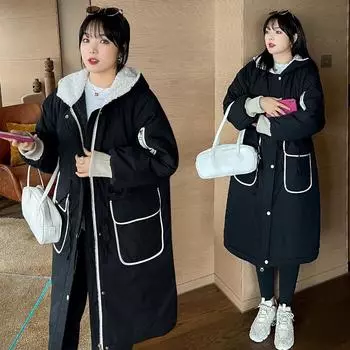 Осенне-зимняя женская куртка больших размеров с капюшоном в корейском стиле, длинная хлопковая куртка выше колена XL чёрный