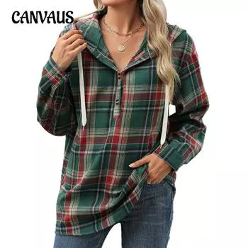 Осенне-зимняя женская куртка больших размеров с длинными рукавами и капюшоном на пуговицах, клетчатая толстовка S кофейный