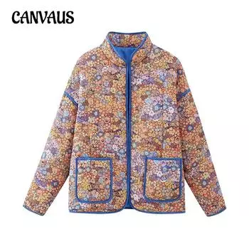 Осенне-зимняя женская куртка больших размеров с цветочным принтом, свободная стеганая, утолщенная, теплая, из хлопка XS оранжевый